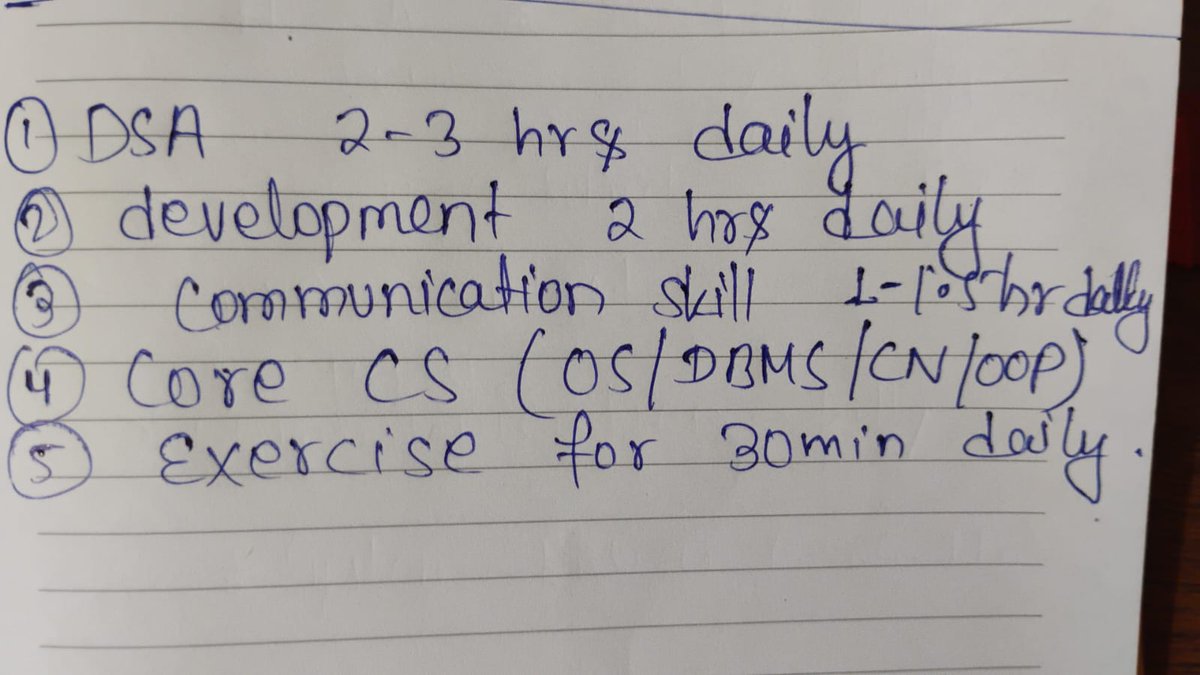 SimranKuma76498's tweet photo. From Tomorrow I will focus on:
📚 DSA
💻 Development
🧠 Core CS (DBMS)
🗣️ Communication Skills
🏋️ Fitness
7 days of pure consistency. Let's see how far discipline can take me. 🚀 #FAANG #StudentDeveloper https://t.co/C5DvGq1nQW