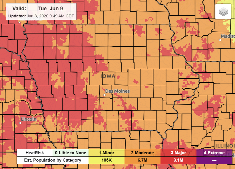 WeatherIowaX's tweet photo. 🔥🥵 Hot weather is on the way for Iowa! 🥵🔥

Tuesday and Wednesday are looking very hot and humid, with afternoon heat index values climbing into the upper 90s to low/mid 100s across much of the state. https://t.co/p3LnNLeisd