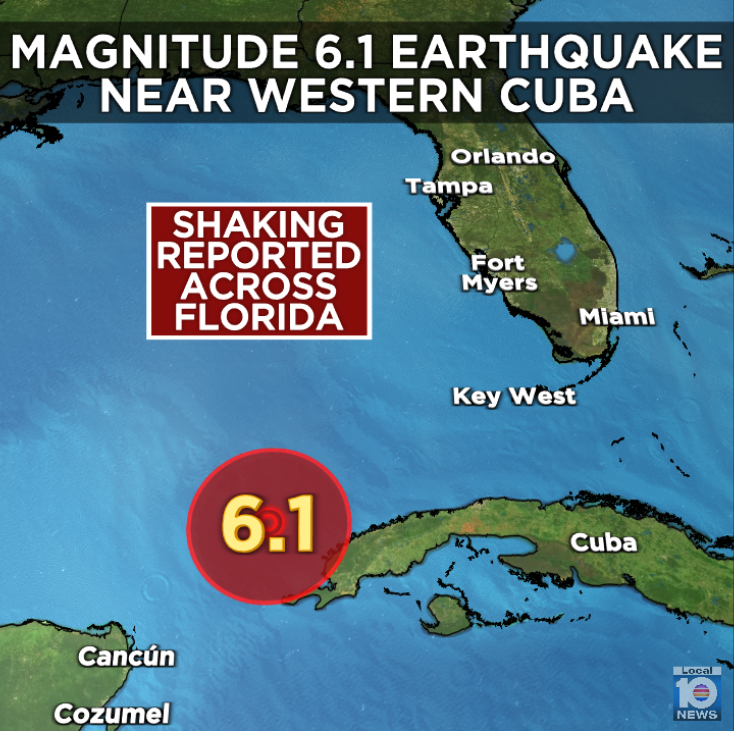 BrandonOrrWPLG's tweet photo. Did you feel it? A magnitude 6.1 earthquake near western Cuba at 2pm with shaking felt across Florida including Orlando, Tampa, Miami, Fort Lauderdale, and Fort Myers. There is no tsunami threat with this one. https://t.co/aYYFig6WFo
