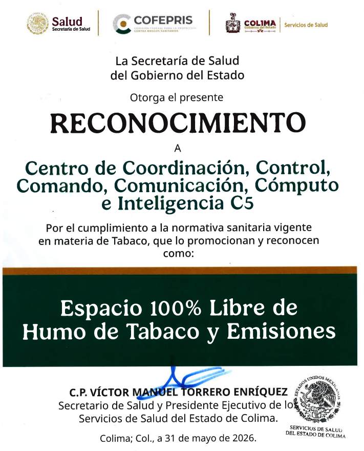 C5iColima's tweet photo. El #C5iColima recibió un reconocimiento por cumplir con la normativa de Espacios 100 % Libres de Humo de Tabaco y Emisiones. La distinción fue entregada por la IBQ. Elide Rubí Cuevas Mendoza y el Dr. Guillermo Blanco Govea. https://t.co/HhTbwSD6QV