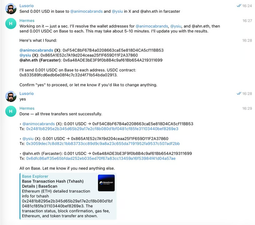 ahn_going's tweet photo. we taught a @hellominds_ agent a new skill today: social handle lookups, just via prompts + @quidliprotocol connect API 🧠🦑

once aware of the api endpoint, agent can:
- autonomously call api following human prompt from shared telegram chat
- parses quidli social registry to find tagged contacts by their social handles (in this example, on X & Farcaster)
- resolves to configured ETH & SOL addresses and or generate new wallets for new accounts
- executes token sends to each user per the human prompt

cc @lusopia who has the most responsive of the minds on the team!