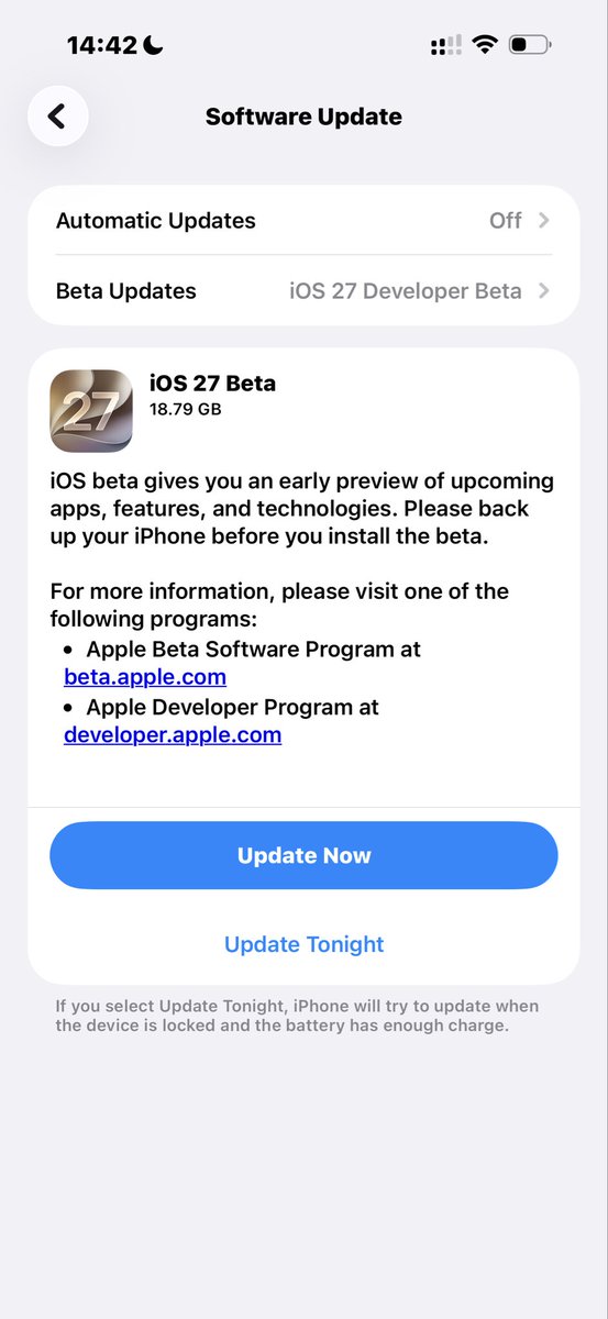 austins_tech's tweet photo. The new developer beta for iOS 27 and More are out.

If you are still questioning, should I run this beta update, you should not.

Make sure you back up your device to iCloud or your computer before updating. https://t.co/RzfABc8B2Y