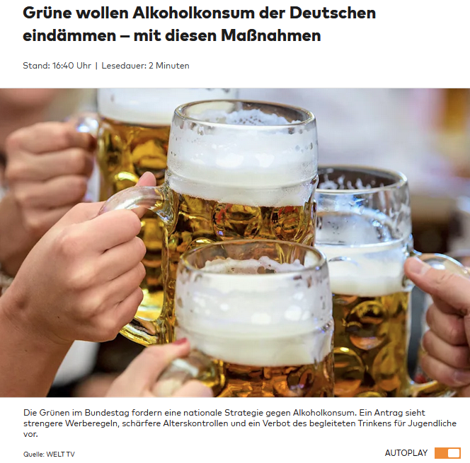PeterBorbe's tweet photo. Die Grünen haben ein neues Erziehungsthema entdeckt: Sie wollen den Deutschen Alkoholkonsum abgewöhnen. Dazu soll in die Erziehungskompetenz der Eltern eingegriffen werden, Werbung verboten und der Alkoholverkauf in Geschäften reguliert werden.
Also alles so, wie wir die Grünen schon immer kennen: Verbote und Vorschriften, wohin man sieht.
https://t.co/jaaJwpWbIp