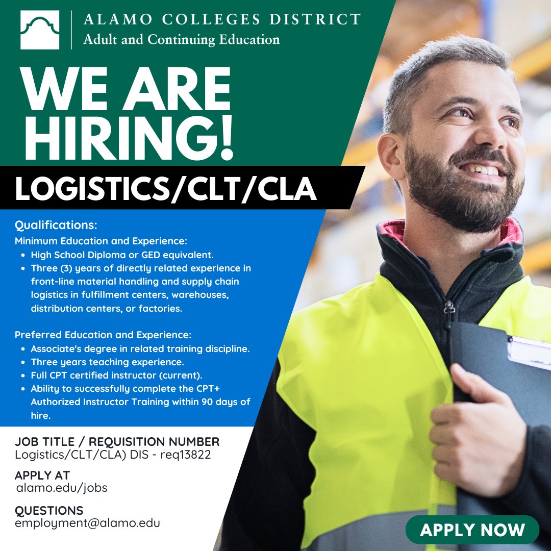 AlamoWorkforce's tweet photo. 📦 Passionate about Supply Chain &amp; Logistics? Pass on your expertise!
We are looking for a Part-Time Continuing Education Instructor (Logistics) to help train the next generation of supply chain professionals.  
👉https://t.co/j2XiX4zMqX https://t.co/bjLZcymxvG