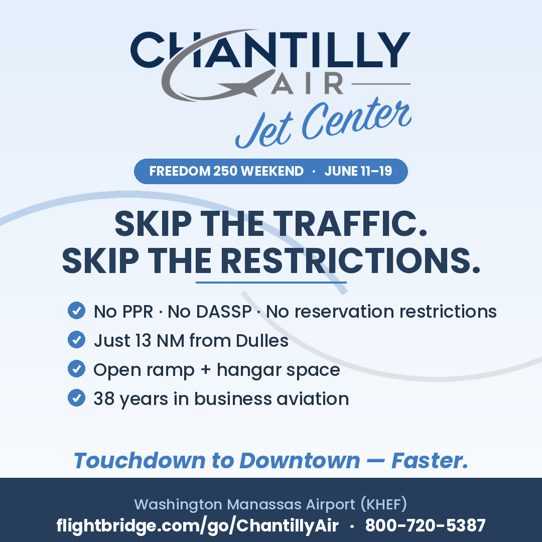 ChantillyAir's tweet photo. Freedom 250 traffic at IAD & DCA? PPR NOTAMs, DASSP, packed ramps. ✈️

Skip it. Land at Chantilly Air Jet Center — Washington Manassas (KHEF):
✅ No PPR or reservations
✅ 13 NM from Dulles
✅ Open ramp + hangar space

Touchdown to Downtown, faster. 🛬 https://t.co/AiZNhJweue

#BizAv #Freedom250 #UFC #WashingtonDC #FBO #PrivateAviation #BusinessAviation #KHEF #amplehangarandramp #quickesttouchdowntodowntown #noeventfees