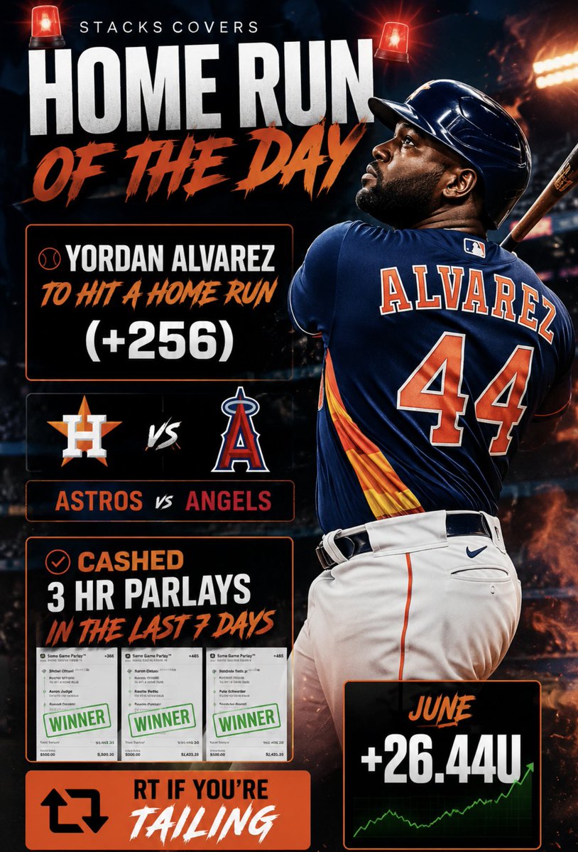 stackscovers's tweet photo. 🚨 HOME RUN OF THE DAY 🚨

⚾ Yordan Alvarez To Hit a Home Run (+256)

🏟️ Astros vs Angels 

🔥 Cashed 3 HR Parlays in the last 7 days

💰 what’s your favorite HR today? https://t.co/IsQgv4dup7