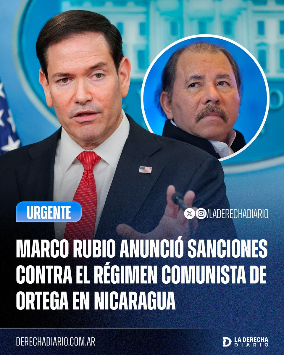 laderechadiario's tweet photo. 🚨🇺🇸🇳🇮 | SE TERMINÓ LA JODA: El Secretario de Estado de Trump, Marco Rubio, anunció la implementación de severas sanciones de Estados Unidos contra el régimen comunista de Daniel Ortega en Nicaragua, a raíz del asesinato al líder opositor Brooklyn Rivera el pasado 30 de mayo.

"La dictadura de Murillo-Ortega es un enemigo de la humanidad. La Administración Trump no ignorará sus crímenes y brutalidad... Hoy, @StateDept tomó medidas para imponer restricciones de visa a más de 100 funcionarios nicaragüenses que continúan ejecutando la agenda maligna de Murillo y Ortega".