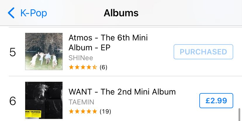 taemneegirly's tweet photo. Today’s UK iTunes K-Pop chart 🤭
Atmos at #5 a week after release 
WANT at #6 seven years after release 😱

#SHINee #샤이니 #SHINee_Atmos 
#TAEMIN #태민 https://t.co/dGYsazM0v2