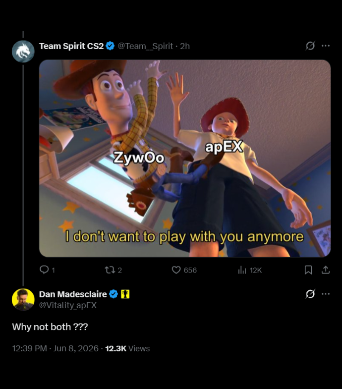 Ozzny_CS2's tweet photo. apEX wants to get both ZywOo and donk on his team 😭 https://t.co/LkEK1IFUZP