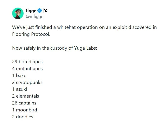Jeremybtc's tweet photo. Someone turned a few dollars of crypto into an infinite balance and started draining Bored Apes and CryptoPunks out of a protocol. 

The protocol is Flooring, where you lock an NFT in a contract and get tokens pegged to it 1:1. 

Today an attacker deposited a tiny bit of WETH and broke that peg, tricking the contract into thinking he owned far more than he did until a second flaw gave him a near infinite token balance.

He drained the pools with it, then started swapping the worthless tokens back for the real NFTs locked inside, everything from Bored Apes and CryptoPunks to Azukis and Doodles, all sitting in a protocol that had been winding down for months.

That's when Yuga Labs stepped in. The company behind Bored Apes watched its own NFTs getting drained and ran a counter operation with one of its blockchain leads handling the onchain recovery

They saved 68 NFTs worth over $500,000, including 29 Bored Apes and 2 CryptoPunks, now in safe custody and heading back to their owners.

Some didn't make it back but you almost never see a save like this. Usually the money's just gone.