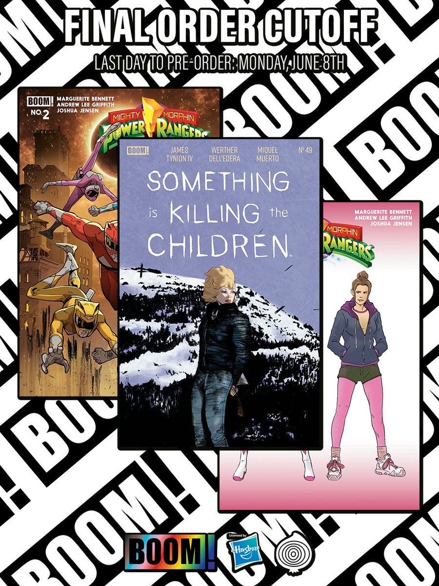 boomstudios's tweet photo. Get caught up before the big milestone issue!

Pre-orders end today for 𝗦𝗢𝗠𝗘𝗧𝗛𝗜𝗡𝗚 𝗜𝗦 𝗞𝗜𝗟𝗟𝗜𝗡𝗚 𝗧𝗛𝗘 𝗖𝗛𝗜𝗟𝗗𝗥𝗘𝗡 𝗜𝗦𝗦𝗨𝗘 𝟰𝟵, and morphinomenal must-haves 𝗠𝗠𝗣𝗥 𝗜𝗦𝗦𝗨𝗘 𝟮, and 𝗠𝗠𝗣𝗥 𝗜𝗦𝗦𝗨𝗘 𝟭 𝟮𝗡𝗗 𝗣𝗥𝗜𝗡𝗧𝗜𝗡𝗚! https://t.co/VCLiT0dg1z

𝗦𝗢𝗠𝗘𝗧𝗛𝗜𝗡𝗚 𝗜𝗦 𝗞𝗜𝗟𝗟𝗜𝗡𝗚 𝗧𝗛𝗘 𝗖𝗛𝗜𝗟𝗗𝗥𝗘𝗡 𝗜𝗦𝗦𝗨𝗘 𝟰𝟵
W: James Tynion IV
A: Werther Dell’Edera
C: @pollomuerto
L: @andworlddesign
CVR A/K: Werther Dell'Edera
CVR B/F: @emmartian
CVR C/D: @noahdeaart
CVR E/J: @Leo__Romero
CVR G: Simon Gane
CVR H: Jacen Burrows
CVR I: Bob Quinn
FOC: 6/8/2026
OSD: 7/22/2026

𝗠𝗜𝗚𝗛𝗧𝗬 𝗠𝗢𝗥𝗣𝗛𝗜𝗡 𝗣𝗢𝗪𝗘𝗥 𝗥𝗔𝗡𝗚𝗘𝗥𝗦 (𝟮𝟬𝟮𝟲) 𝗜𝗦𝗦𝗨𝗘 𝟮
W: @EvilMarguerite
A: @glovestudios
C: Joshua Jensen
L: @eDukeDW
CVR A/E/H: @EnidBalam
CVR B/F: Andrew Lee Griffith
CVR C: Miguel Mercado
CVR D: Trading Card Blank Sketch Variant
CVR G: @Redcode77
CVR I: @gavinpsmith
CVR J: Keyla Valerio
CVR K/L: Goñi Montes
FOC: 6/8/2026
OSD: 7/15/2026

𝗠𝗜𝗚𝗛𝗧𝗬 𝗠𝗢𝗥𝗣𝗛𝗜𝗡 𝗣𝗢𝗪𝗘𝗥 𝗥𝗔𝗡𝗚𝗘𝗥𝗦 (𝟮𝟬𝟮𝟲) 𝗜𝗦𝗦𝗨𝗘 𝟭 𝟮𝗡𝗗 𝗣𝗥𝗜𝗡𝗧𝗜𝗡𝗚
W: @EvilMarguerite
A: @glovestudios
C: Joshua Jensen
L: @eDukeDW
CA: @glovestudios
FOC: 6/8/2026
OSD: 7/15/2026