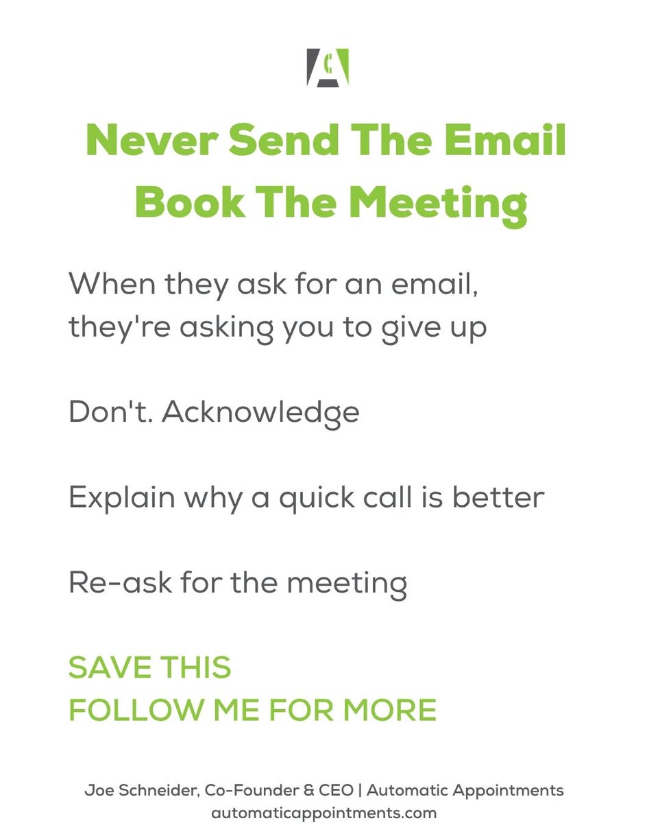 AutomaticAppts's tweet photo. PART 2
“Just send me an email” usually means “end the call.”
Don’t just send it.
Explain why a quick conversation will answer more than any email can.
That’s how meetings get booked.
#ColdCalling #B2BSales #SalesObjections #AppointmentSetting https://t.co/Zp8rpPtXed
