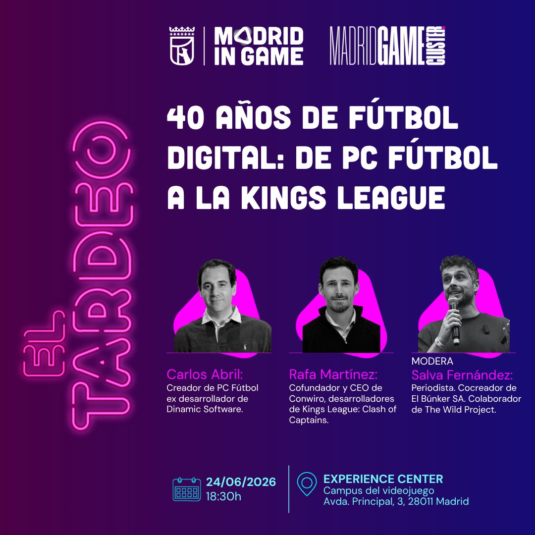 MadridinGame's tweet photo. 📣 El Tardeo de Madrid in Game está de vuelta. 

Celebramos que arranca el Mundial junto a @CarAbr2 y @rafaelconwiro, creadores de PC Fútbol y Kings League: Clash of Captains. Una charla moderada por @salbaFR, periodista especializado en videojuegos. 

Apúntate 🔗 https://t.co/7zhkOPG6ut