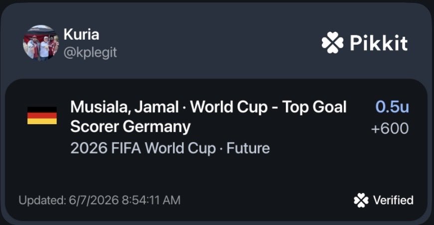 kpbets_'s tweet photo. WORLD CUP ⚽️🏟️

FUTURE 6:

Jamal Musiala - Top Germany Goalscorer (+600) (.5u)

The redemption arc is finally complete. He’s fit and he will be a false 9 in a dangerous German attack that will allow him to not only create space, but finish strong and score. 🇩🇪 https://t.co/SHh5dis0S9