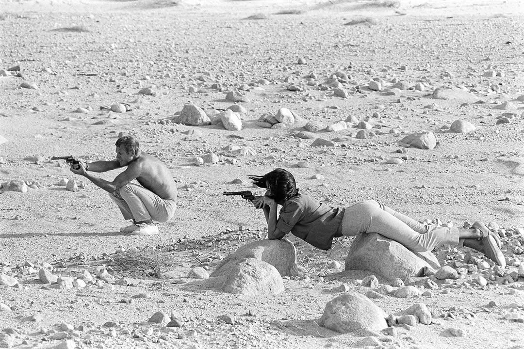 imjustculture's tweet photo. Steve McQueen and his wife Neile Adams with their revolvers in the California desert. (1963) https://t.co/ETt54X1DhM