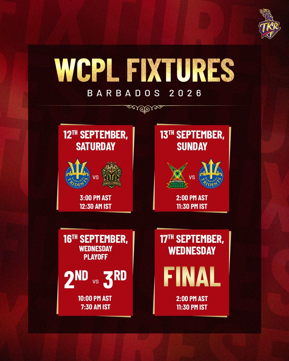 TKRiders's tweet photo. Women’s CPL 2026: The stage is set for another shot at greatness! 🗓️🔒

#WeAreTKR | #TrinbagoKnightRiders | #WCPL2026 https://t.co/O52xhNUla9