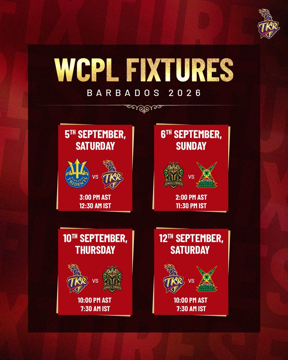 TKRiders's tweet photo. Women’s CPL 2026: The stage is set for another shot at greatness! 🗓️🔒

#WeAreTKR | #TrinbagoKnightRiders | #WCPL2026 https://t.co/O52xhNUla9