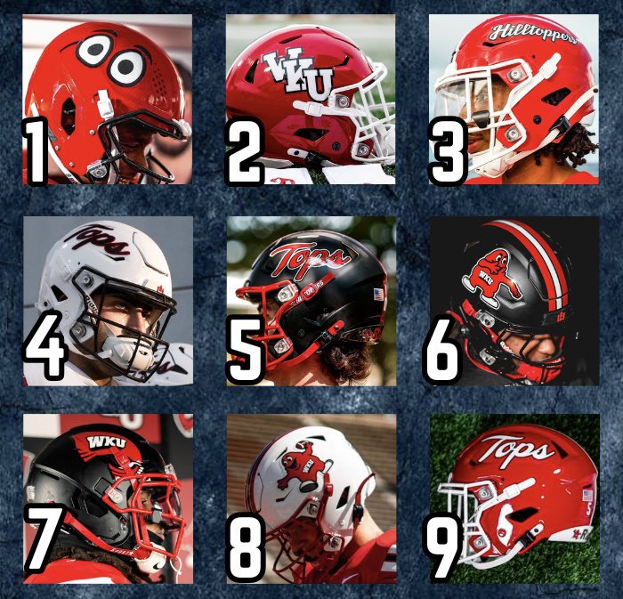 CollegeFBonX's tweet photo. That may be tough but keep 3, cut 6 Western Kentucky helmets.

What are you keeping? https://t.co/mEYU54Gfui