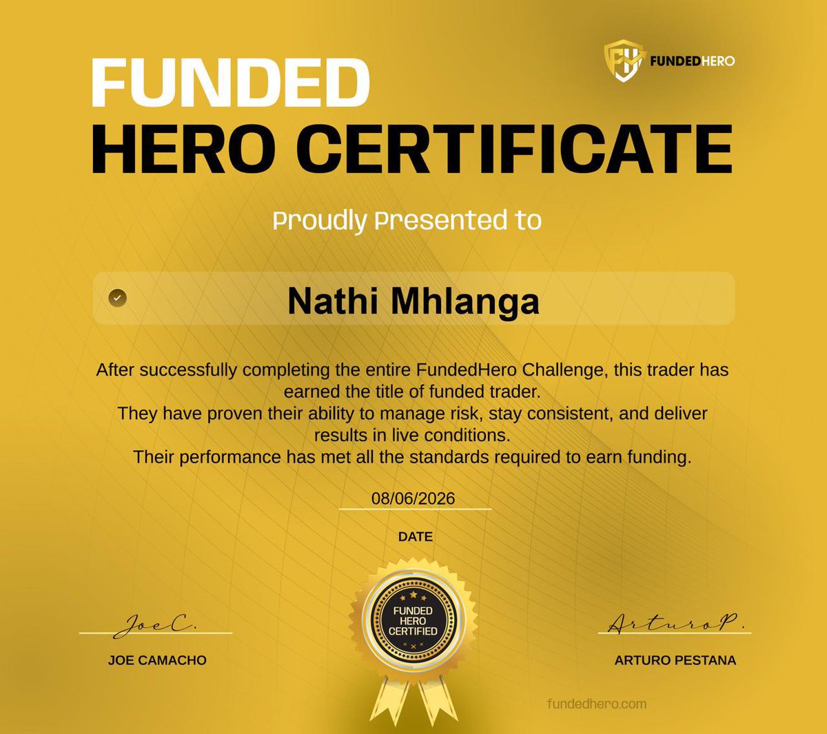 MashiyaPat's tweet photo. Congratulations 🎊 Nathi on earning your Trading Certificate! Wishing you continued success and all the best on your trading journey. Keep learning, growing, and achieving greater milestones. 📈🏆

@_fundedhero https://t.co/AGCqMYCAYS