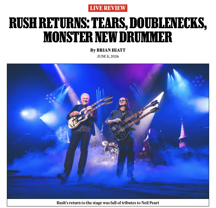 RollingStone's tweet photo. In Rush's first show without Neil Peart since 1974, Geddy Lee and Alex Lifeson made grown men cry, and new touring drummer Anika Nilles absolutely killed. 

See our review of the Fifty Something Tour kickoff: https://t.co/30o0Zaytf6 https://t.co/288wdgDoiJ