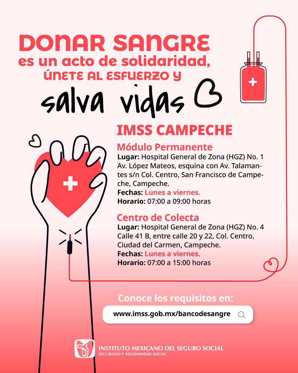IMSS_Camp's tweet photo. 🩸 Dona Sangre, Salva Vidas ❤️ Tu donación de sangre puede salvar hasta tres vidas. Conviértete en un héroe hoy y dona de manera altruista! Cada gota cuenta para aquellos que más lo necesitan. 🌟
#DonaSangreSalvaVidas #IMSS https://t.co/K9aO0nVa8X