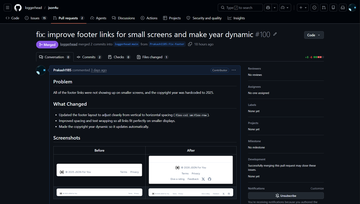 _prakash_dev_'s tweet photo. Made a small contribution to json4u by @1oggerhead 🌟

Improved the footer behaviour and responsiveness across different screen sizes, and updated the copyright year to be generated dynamically.

#opensource #react #json4u #frontend #tech https://t.co/Ul3wgebPBy