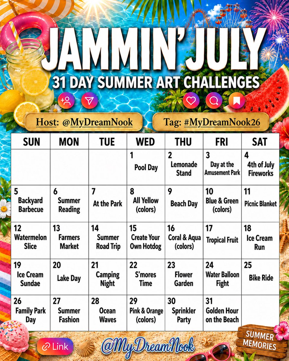 MyDreamNook's tweet photo. 🎨 Jammin’ July — 31 Day Summer Art Challenge

‼️ Host: @mydreamnook
‼️ Tag: #MyDreamNook26

📩 If I miss your challenge entry, please DM me your creation so I can be sure to see it. I never want to miss your beautiful work. 💛 https://t.co/7myatWnyjp