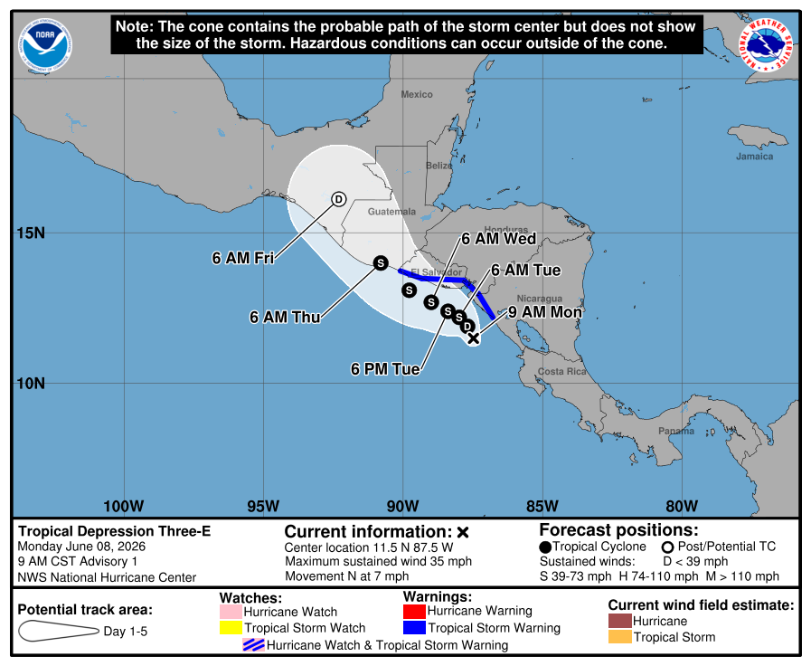 gtClaudio's tweet photo. Se ha formado la Depresión tropical 3, a 145 km al oeste de Managua Nic., 450 km al suroeste de Pto San José Guatemala #climagt

Se moverá lentamente en las costas de El Salvador acercándose a Guatemala el miércoles

Acumulados importantes de lluvia en toda la costa sur de CA🧵⬇️ https://t.co/2aEZLuSXQ5