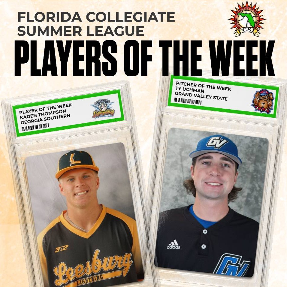 floridaleague's tweet photo. For the first time in 2026, here are your FCSL Players of the Week!

@KT_Thompson14 of @FCSL_Lightning and @GSAthletics_BSB was named Player of the Week, and Ty Uchman of @fcsldawgs and @gvsubaseball was honored as Pitcher of the Week!

Full story on https://t.co/ii9eWyqy8Q! https://t.co/YqkWgrmJ4F