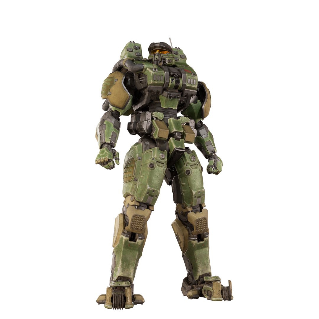 Mr_Rebs_'s tweet photo. The Halo Campaign Evolved custom Master Chief armor called Mobile Armor Type 117 is inspired by the Mark 1 prototype in Halo lore, which was an exosuit, and has five thrusters on the back with effects firing out. 

“It’s a real spectacle to look at as you’re running through these levels.” #HaloCampaignEvolved