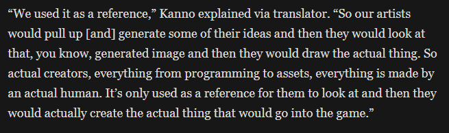 Satoru_Yand's tweet photo. Talking to Kotaku is a double edged sword. Kanno explained that Crazy Taxi’s artists used AI as reference for the background assets (same as Capcom/Expedition 33)and that all assets in the final game are human made.

But they twisted his quote into a ragebait headline for clicks. https://t.co/MVI3l4pO8l