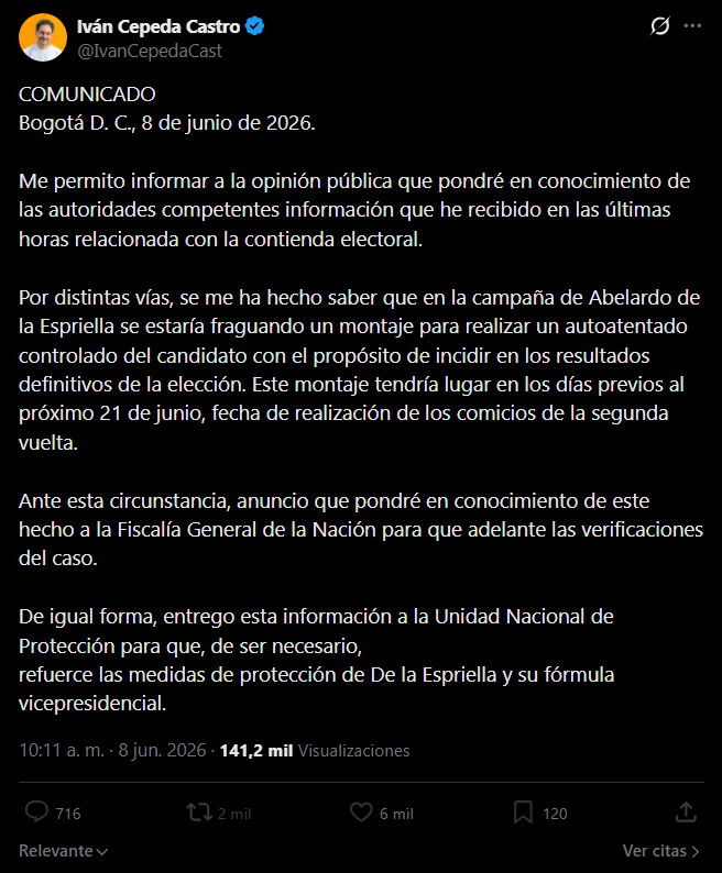 JohnTrux's tweet photo. URGENTE: Que el candidato @ABDELAESPRIELLA y @jrestrp refuercen su seguridad al máximo porque esto que puso @IvanCepedaCast es el inicio de una narrativa de intento de asesinato y luego lavarse las manos sembrando la tesis del autoatentado.

#CepedaEsLasFarc https://t.co/GiedASMiWV