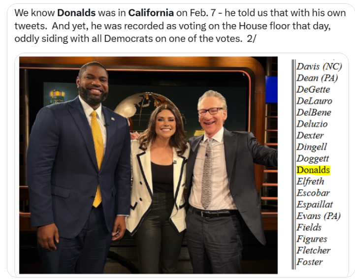 jamiedupree's tweet photo. Rep. Byron Donalds R-FL still has not explained how he voted on the House floor in Feb. 2025 while he was in Los Angeles for the Bill Maher show.  Someone voted for Donalds twice that day - another Florida Republican perhaps used his voting card? https://t.co/yp5IZbmoK8