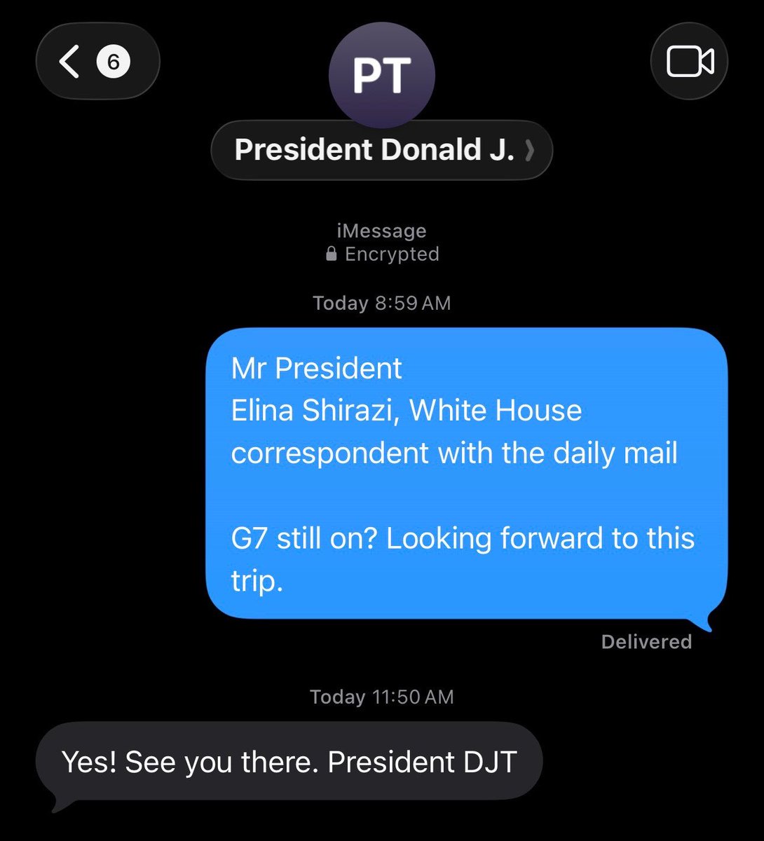 elinashirazi's tweet photo. President Trump texted me back confirming he WILL still be traveling with us to Evian, France for the G7 summit. https://t.co/tOahhfWXeG