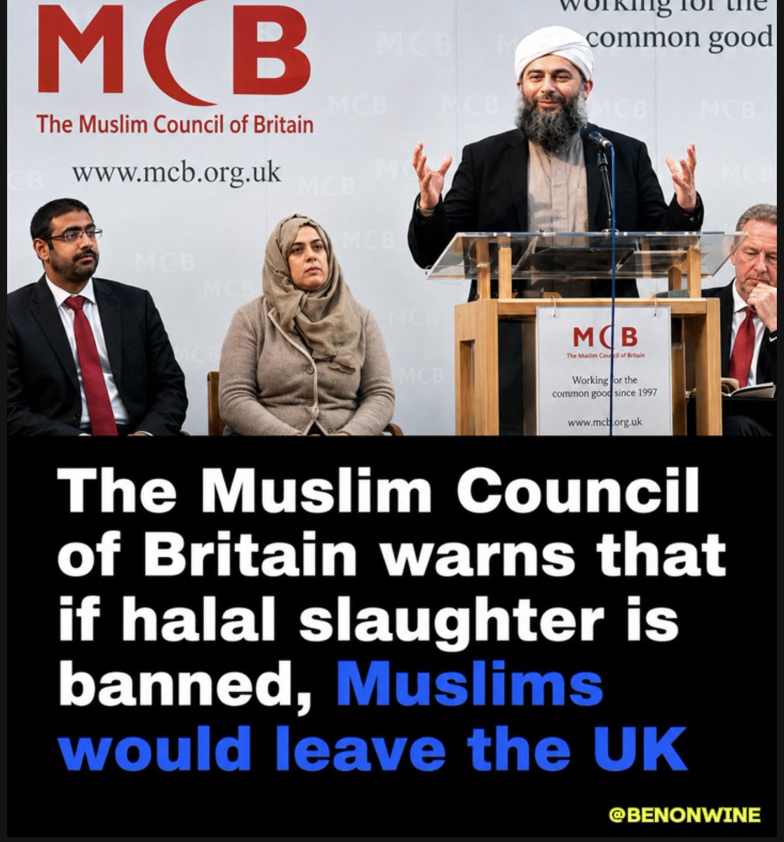 benonwine's tweet photo. The Muslim Council of Britain warns that BANNING Halal Slaughter would force many Muslims to leave the country.

What is your OPINION on this? https://t.co/ZSD495Lghv