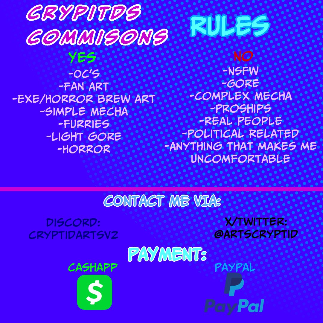 ArtsCryptid's tweet photo. My commissions are open again for character art and fnf related arts n sprites!
Here what I offer!
*preferably like to use cash app
#commissionsopen #fnf #fnfsprites #spriteanimation #pixelart #artcommission #fnfcommunity #fridaynightfunkin #digitalart https://t.co/ijY2jlCYg0