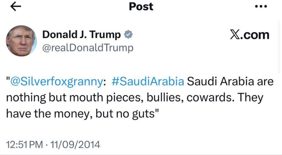 43Different's tweet photo. الترجمة : السعودية ليست سوى أبواق تتحدث كثيراً، ومتنمرين وجبناء. لديهم المال، لكن ليست لديهم الشجاعة

#ترامب_يمثلني https://t.co/aWJJSUR9s9