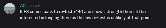 ACTrades2010's tweet photo. No huge surprise $ES_F struggling at the 7450-55 level. We'll see how it resolves. 

We had a great morning in the room getting long around 7435-40, taking trims and riding trails. https://t.co/mKJBkLsIDs