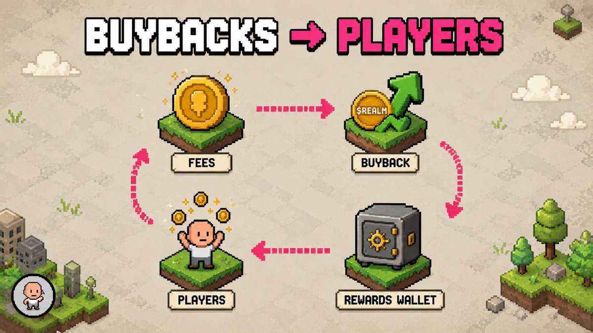 RealmSim's tweet photo. Our buybacks have a destination.

Every $REALM we buy back with @Pumpfun fees flows straight into the rewards wallet - the same one that pays out players who sell their lives.
The loop closes: fees → buyback → player payouts. On-chain, every step.

Fees don't leave. They come back to you.