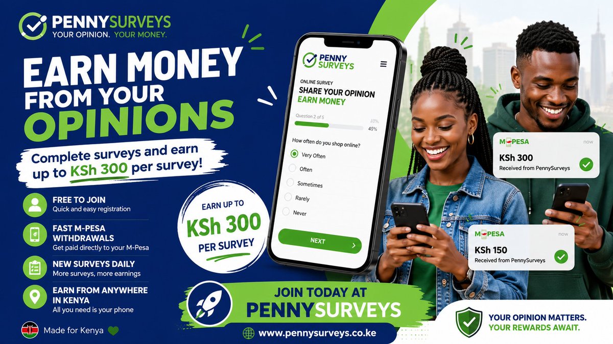Lelgo7's tweet photo. @arnoldi254 Your opinions = real money. 💰

Join 10,000+ Kenyans already earning up to Ksh 300 per survey on PennySurveys. Sign up free, answer surveys, and cash out via M-Pesa in 24–48 hours.
No experience needed. Start here 👉 https://t.co/pCMXmIDsBi https://t.co/yEPaYZcxcj