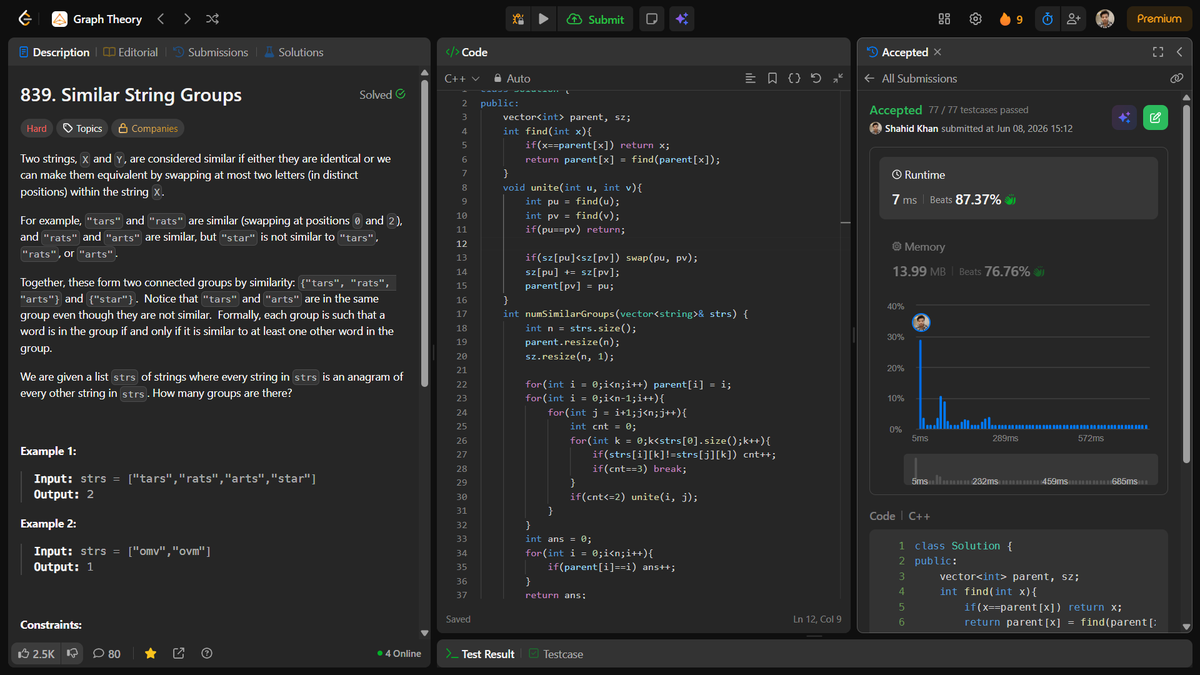 shahidx_05's tweet photo. Day 458 of #1001DaysOfCode 
✅ Partition Array According to Given Pivot
✅ Critical Connections in a Network
✅ Similar String Groups
✅ Delete Nodes With Greater on Right
✅ 6 Codeforces problems https://t.co/UWN8WGqsDC