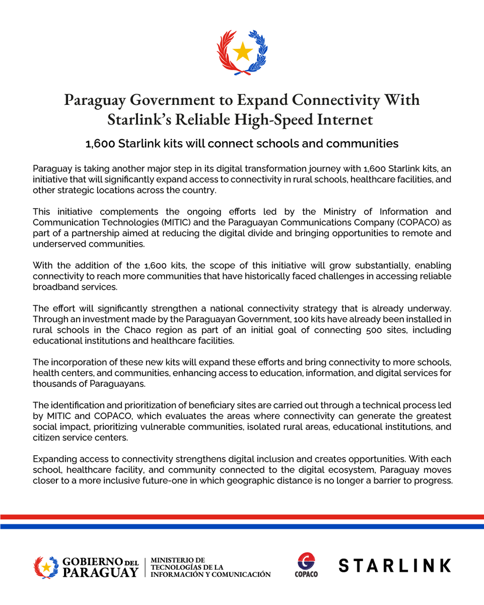 PresidenciaPy's tweet photo. Más conectividad para más paraguayos.

El Gobierno del Paraguay, a través del MITIC y COPACO, suma 1.600 kits de Starlink para llevar internet de alta velocidad a escuelas rurales, centros de salud y comunidades alejadas de todo el país. @Starlink @Miticpy @COPACO_SA https://t.co/je0fPkNjcP