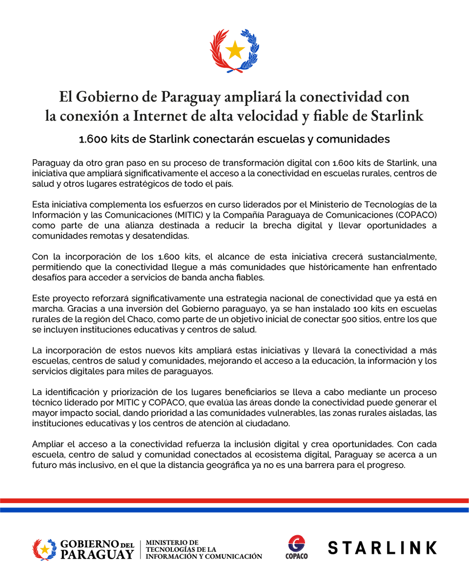 PresidenciaPy's tweet photo. Más conectividad para más paraguayos.

El Gobierno del Paraguay, a través del MITIC y COPACO, suma 1.600 kits de Starlink para llevar internet de alta velocidad a escuelas rurales, centros de salud y comunidades alejadas de todo el país. @Starlink @Miticpy @COPACO_SA https://t.co/je0fPkNjcP