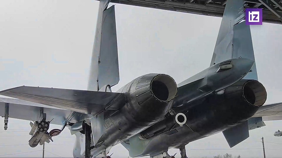 GuyPlopsky's tweet photo. Several stills from a newly released Russian MoD video showing a VKS Su-35S multirole fighter preparing for a sortie in an aircraft shelter as a Su-34 (NVO) strike fighter armed with four UMPK-equipped FAB-500T bombs taxies past it en route to the runway. The former then likewise heads for takeoff.
 
Su-35Ss are known to regularly provide cover for Su-34s conducting strike sorties. In this case, the Su-35S is seen armed with a single Kh-31PM ARM, one R-37M long-range AAM, two R-77M (Izd. 180) medium-range AAMs, and a pair of R-73/74M short range AAMs (seemingly one of the typical Su-35S loadouts used for combined SEAD/air-to-air sorties in the war against Ukraine).