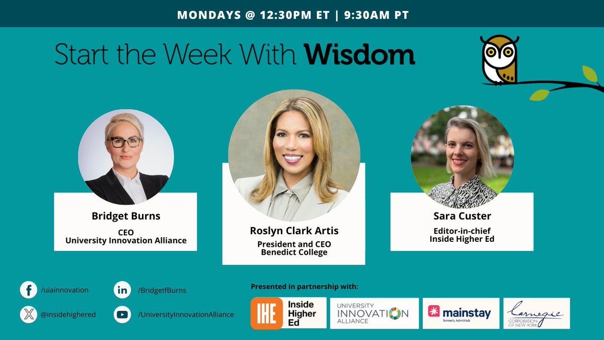 UIAinnovation's tweet photo. ⏰ Starting in 15 minutes

Dr. Roslyn Clark Artis, President &amp; CEO of @BenedictEDU, joins our CEO, @bburnsedu &amp; @sarakcuster, EIC of @InsideHigherEd, to share lessons on leadership, mentorship &amp; navigating complexity.

9:30am PT | 12:30pm ET

@hey_mainstay @CarnegieCorp https://t.co/LoZdfWUSz4