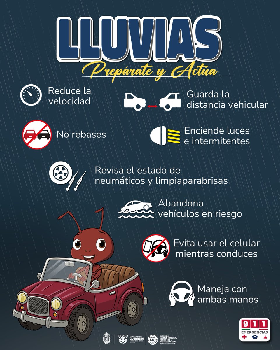 SGG_Gro's tweet photo. Manejar bajo lluvia requiere más atención y responsabilidad ☝🏻

Reduce la velocidad, revisa tu vehículo y prioriza siempre tu seguridad🚗

#PrepárateYActúa #Lluvias2026 https://t.co/fsi66mZiQX