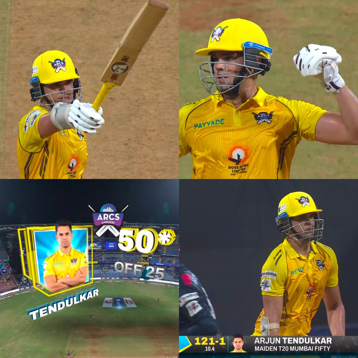 Shebas_10dulkar's tweet photo. T20 Mumbai League:

Arjun Tendulkar delivered an all-round show 💥

Bowling: 3/11 in 3 overs (1 maiden)
Batting: Now Fifty in just 25 balls 🔥 https://t.co/dIR1gYJcxU
