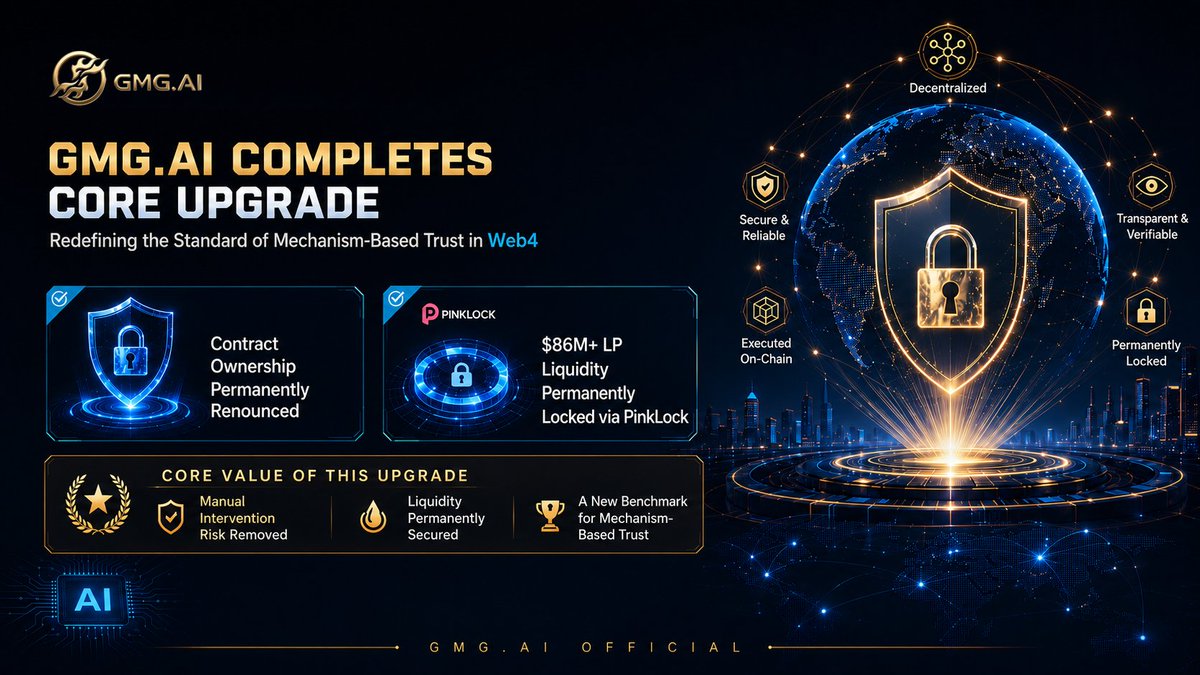 GMG_AI's tweet photo. On June 8 at 21:19, the Web4-native full-stack AI ecosystem platform https://t.co/AktYnx9CYO officially completed two key foundational upgrades:
🔒 Token contract ownership permanently renounced
💰 $86M+ LP liquidity permanently locked via PinkLock

This upgrade seals potential manual interventions, locks ecosystem liquidity, and breaks the industry’s reliance on “project-side promises,” establishing a new benchmark for mechanism-based trust.

Looking ahead, https://t.co/AktYnx9CYO will continue integrating AI agents with value networks, accelerating the evolution toward a fully decentralized ecosystem and providing globally verifiable, long-term secure infrastructure for the Web4 market.

#GMG #GMGAI #Web4 #AI #DeFi #SAFU #Decentralization #PinkLock