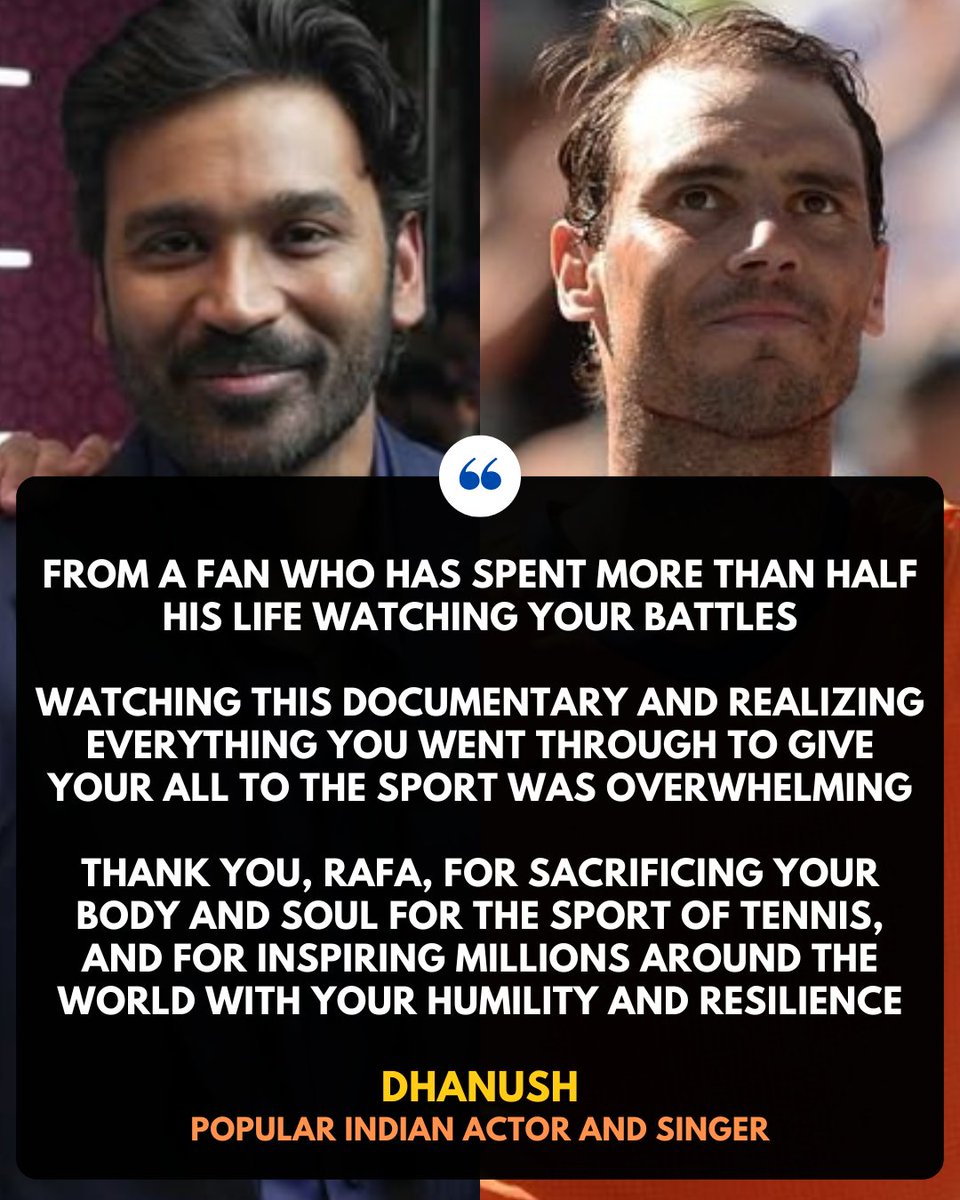 IndTennisDaily's tweet photo. Dhanush, an ardent Nadal fan, shares an emotional note upon watching Rafa, a Netflix documentary on the legendary Rafa Nadal's career and life

"Now I understand that all the rituals and routines - the perfectly placed water bottles, clearing the lines, adjusting your hair, pulling at your shorts - were never just superstitions. They were part of a battle against anxiety, stress, and a body that was constantly wearing you down. You were fighting your own demons long before you stepped onto the court to fight anyone else"