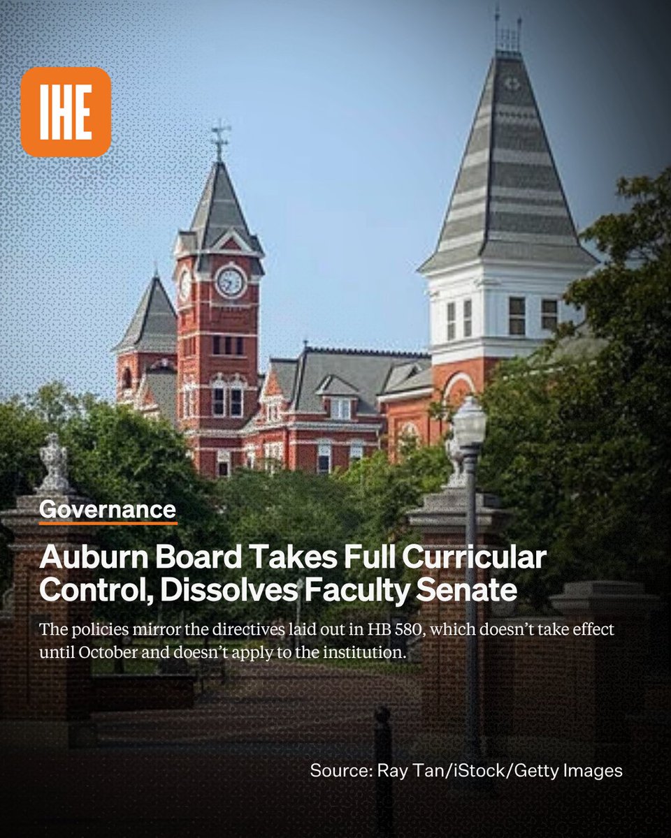 insidehighered's tweet photo. ICYMI | Effective Friday, the existing Faculty Senate at @AuburnU is dissolved. Faculty say they have serious concerns about the policies and a host of unanswered questions about what the changes will mean in practice.

Read more ➡️ https://t.co/wZHg6l0xC4 https://t.co/ri7X4soI4J